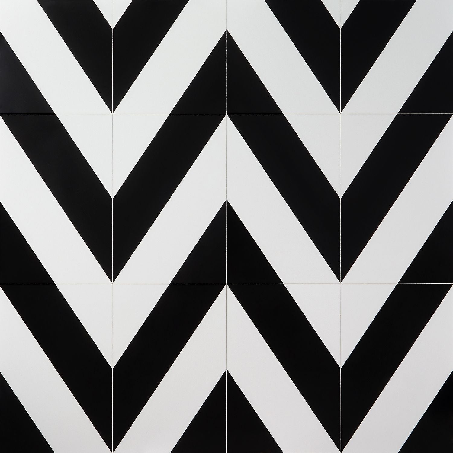 wall and floor tile swatch with black and white zig zag pattern