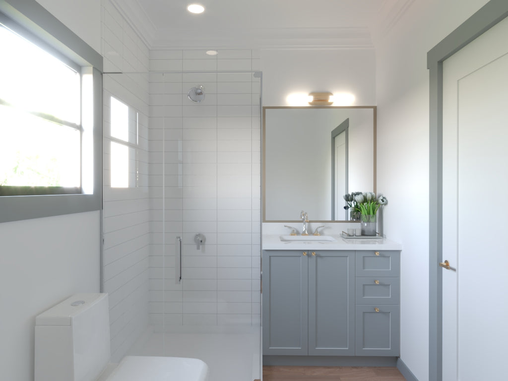 White clean bathroom with painted grey vanity cabinet sink