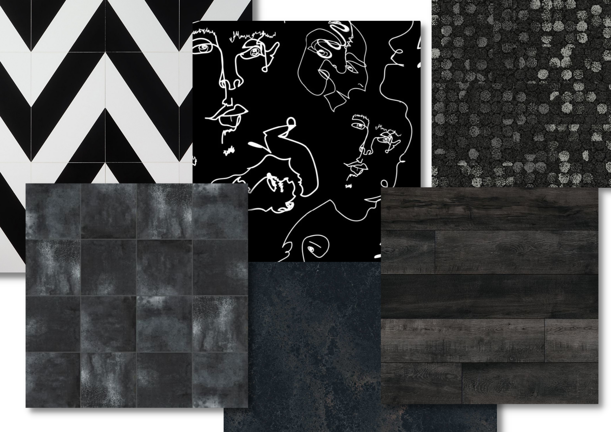 different black finishes in interior design , floor tiles, carpet, wallcovering, laminate and luxury vinyl planks