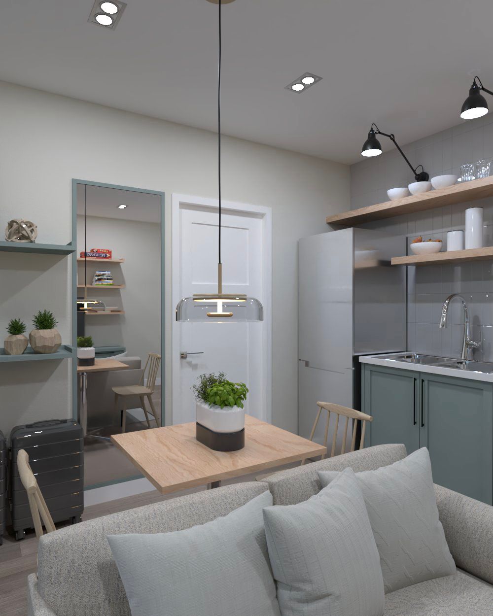 Interior rendering of futura east 2 Bedroom Unit- Living Area, Kitchen & Dining