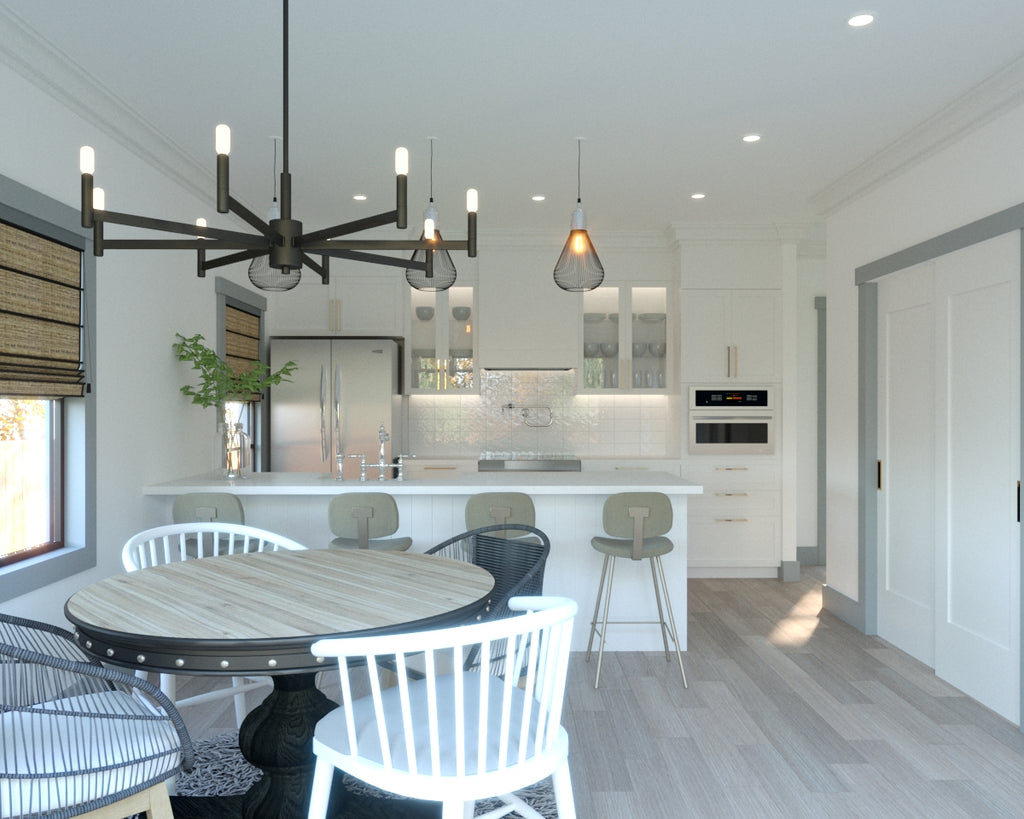 Dining area with classic farmhouse chandelier round dining table white dining chair luxury vinyl planks white modern kitchen