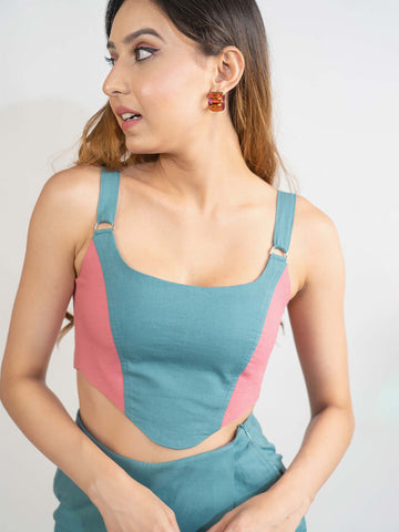 Colour blocking corset top pink and blue