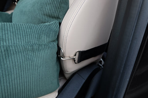 Green dog car seat secured by back strap around the seat