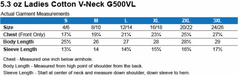 G500VL T shirt size chart.