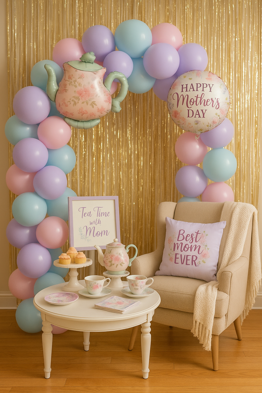 Cozy Mother’s Day photo spot with balloon arch, tea table, and “Best Mom Ever” pillow for tea party theme