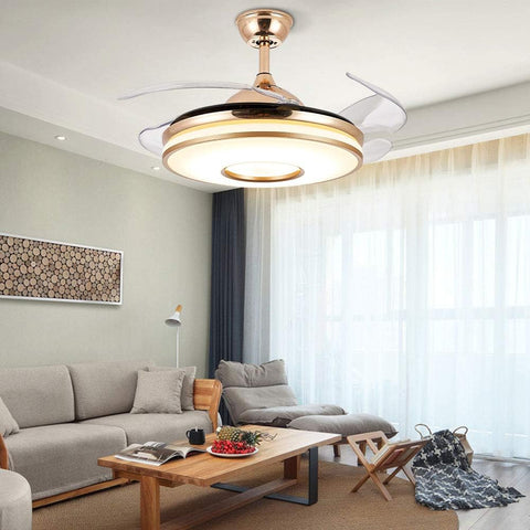 Breezelux Alpha 48 Modern Crystal Retractable Luxury Decorative Silent Underlight Invisible Blade Chandelier with Remote Ceiling Fan (Golden) BL-6094