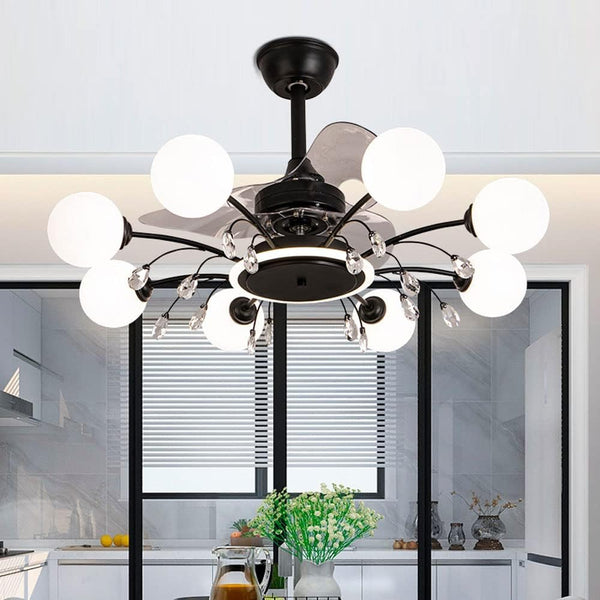 Qulik M20 48" Mordern Chandelier Retractable Invisible Blade Silent 3 Color Change LED Remote Ceiling Fan (Black) Q-6294