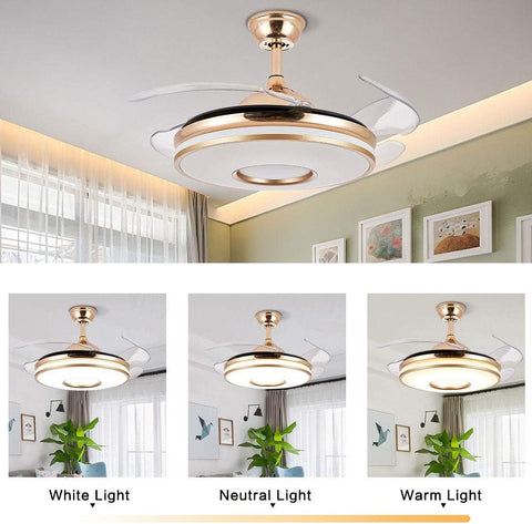 Breezelux Alpha 48 Modern Crystal Retractable Luxury Decorative Silent Underlight Invisible Blade Chandelier with Remote Ceiling Fan (Golden) BL-6094