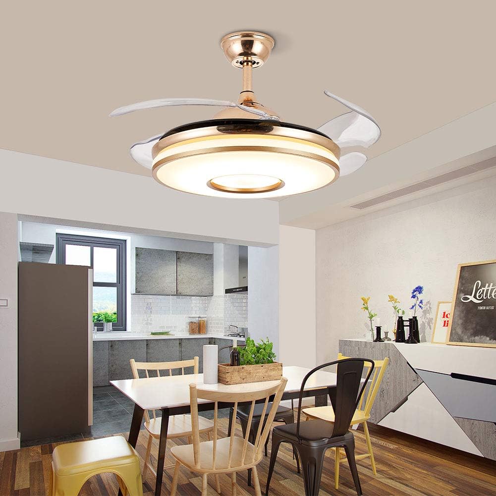 Breezelux Alpha 48 Modern Crystal Retractable Luxury Decorative Silent Underlight Invisible Blade Chandelier with Remote Ceiling Fan (Golden) BL-6094