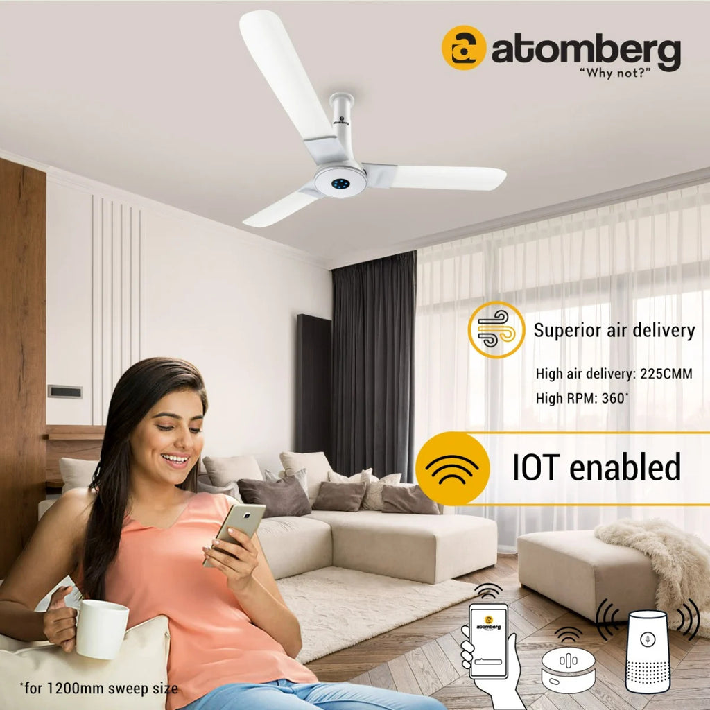 Atomberg Studio Smart+ 48 28 Watt BLDC motor Energy Saving Anti-Dust Speed Indicator Light  Ceiling Fan with Remote Control ( White) AT-130