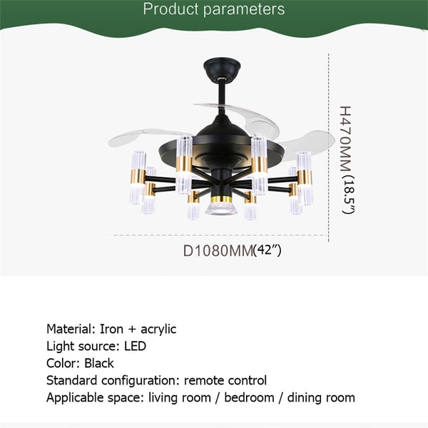 Qulik M14 48 Inch Modern Chandelier Retractable Invisible Blade Silent 3 Color Change LED Remote Ceiling Fan (Black) Q-6061D