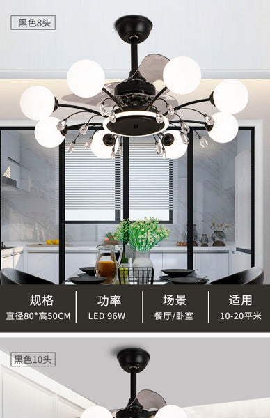 Qulik M20 48" Mordern Chandelier Retractable Invisible Blade Silent 3 Color Change LED Remote Ceiling Fan (Black) Q-6294