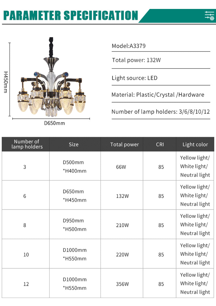 Qulik Chandelier Luxury Decorative Crystal Pendant 12 LED Lamp Ceiling Lights (QL-3379-8-4)