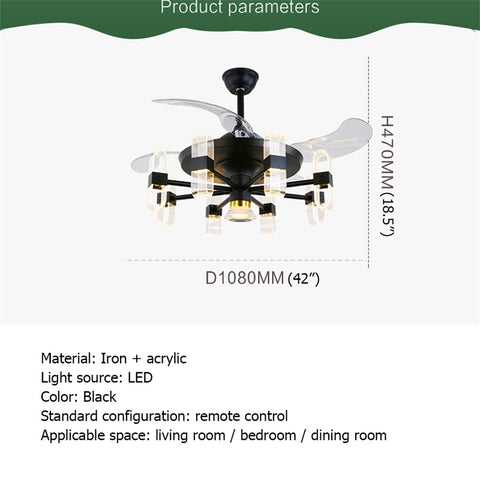 Qulik M24 48" Mordern Chandelier Retractable Invisible Blade Silent 3 Color Change LED Remote Ceiling Fan (Black) Q-6061