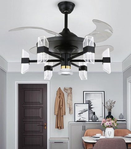 Qulik M24 48" Mordern Chandelier Retractable Invisible Blade Silent 3 Color Change LED Remote Ceiling Fan (Black) Q-6061B
