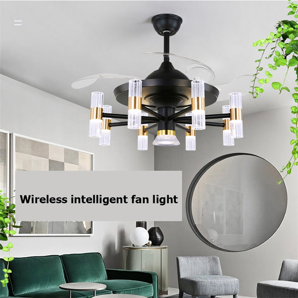 Qulik M14 48 Inch Modern Chandelier Retractable Invisible Blade Silent 3 Color Change LED Remote Ceiling Fan (Black) Q-6061D