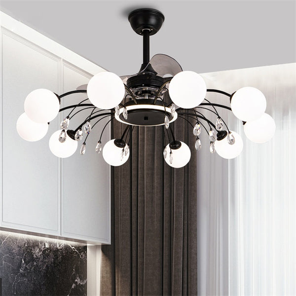 Qulik M20 48" Mordern Chandelier Retractable Invisible Blade Silent 3 Color Change LED Remote Ceiling Fan (Black) Q-6294