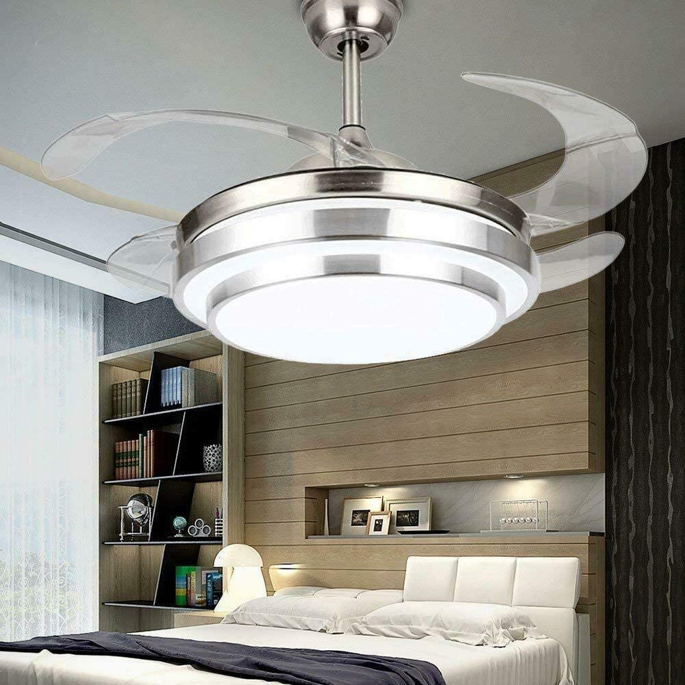 Luxury 42’’ Morden Retractable Silent 3 Light Change LED Chandelier with Remote Invisible Blade Silver CF-632