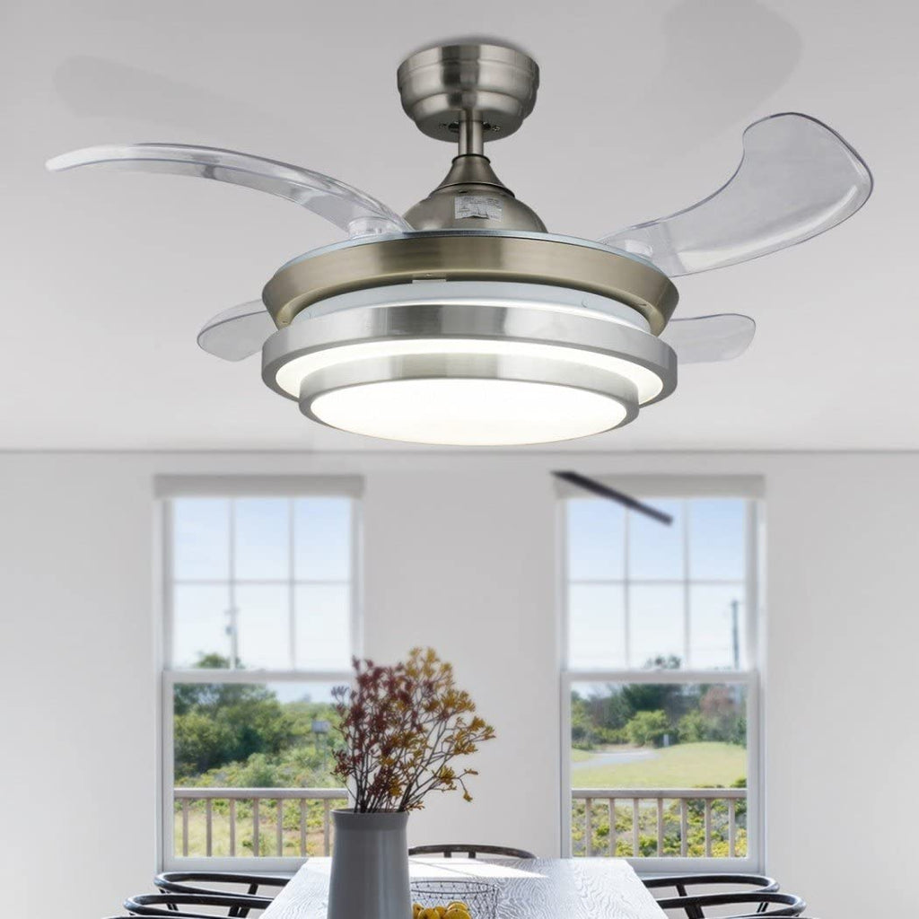 Luxury 42’’ Morden Retractable Silent 3 Light Change LED Chandelier with Remote Invisible Blade Silver CF-632