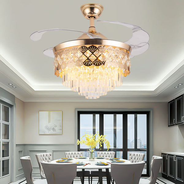 Luxury 42’’ Retractable Crystal Silent 3 Light Change LED Chandelier with Remote Invisible Blade Golden Crystal CF-622