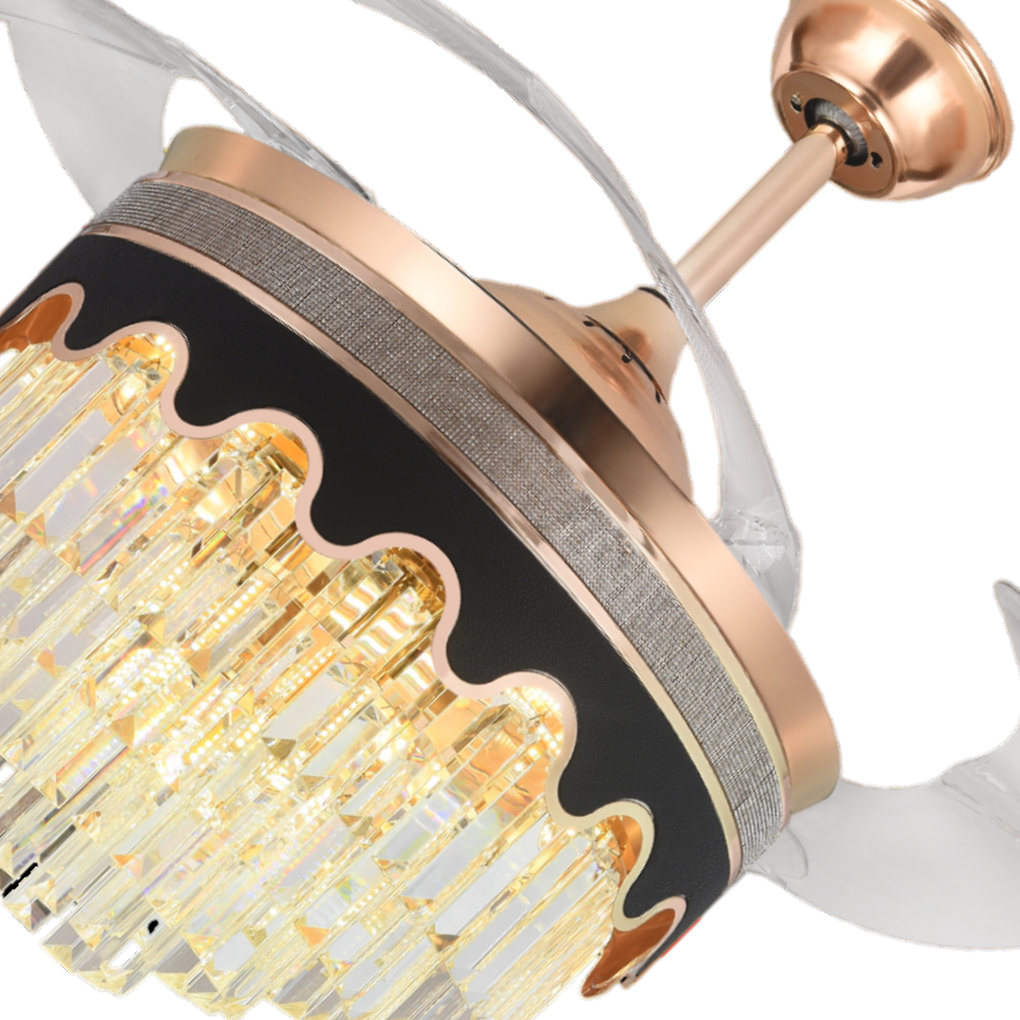 Qulik C04 48 Crystal Chandelier Retractable Invisible Blade MP3 Silent 3 Color Change LED Remote Ceiling Fan (Golden) Q-8222