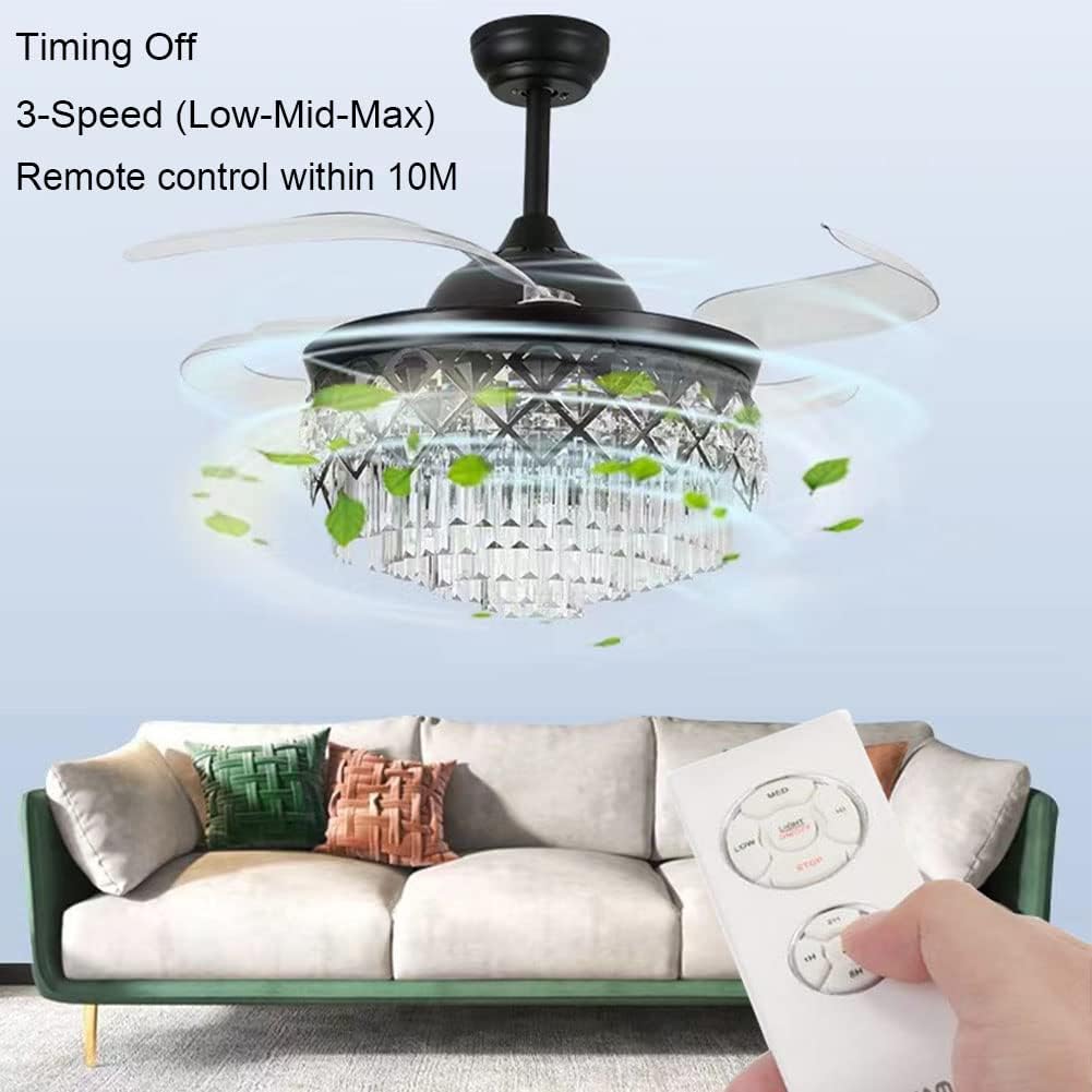 Qulik C06 48 Crystal Chandelier Retractable Invisible Blade MP3 Silent 3 Color Change LED Remote Ceiling Fan (Golden) Q-7459-BK