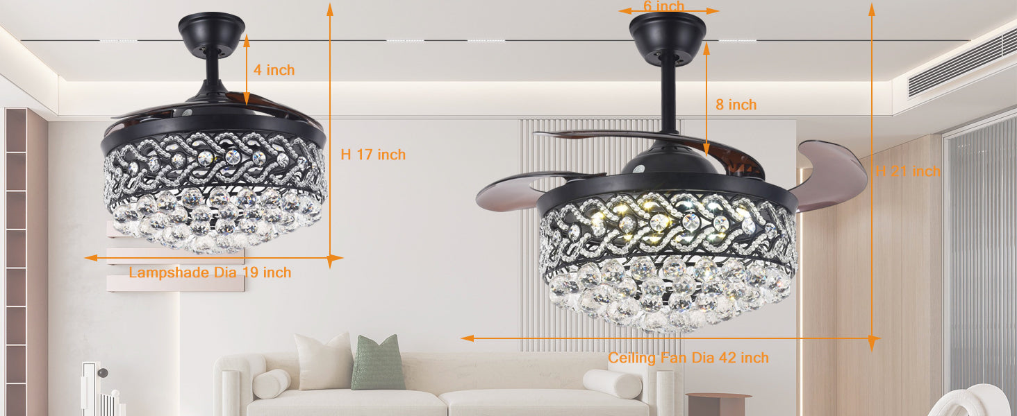 Qulik C09 48 Crystal Chandelier Retractable Invisible Blade MP3 Silent 3 Color Change LED Remote Ceiling Fan Q-7900-BK (4)