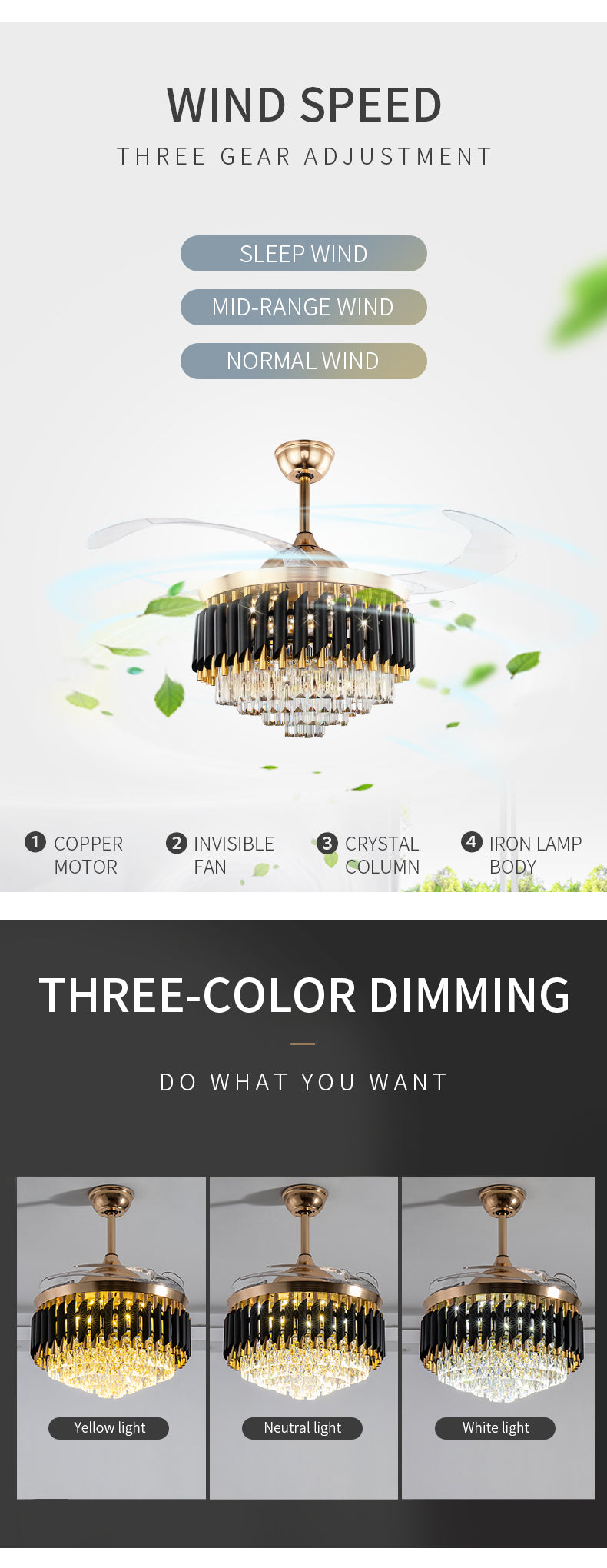 Qulik C10 48" Crystal Chandelier Retractable Invisible Blade MP3 Silent 3 Color Change LED Remote Ceiling Fan (Golden) Q-7456-BK