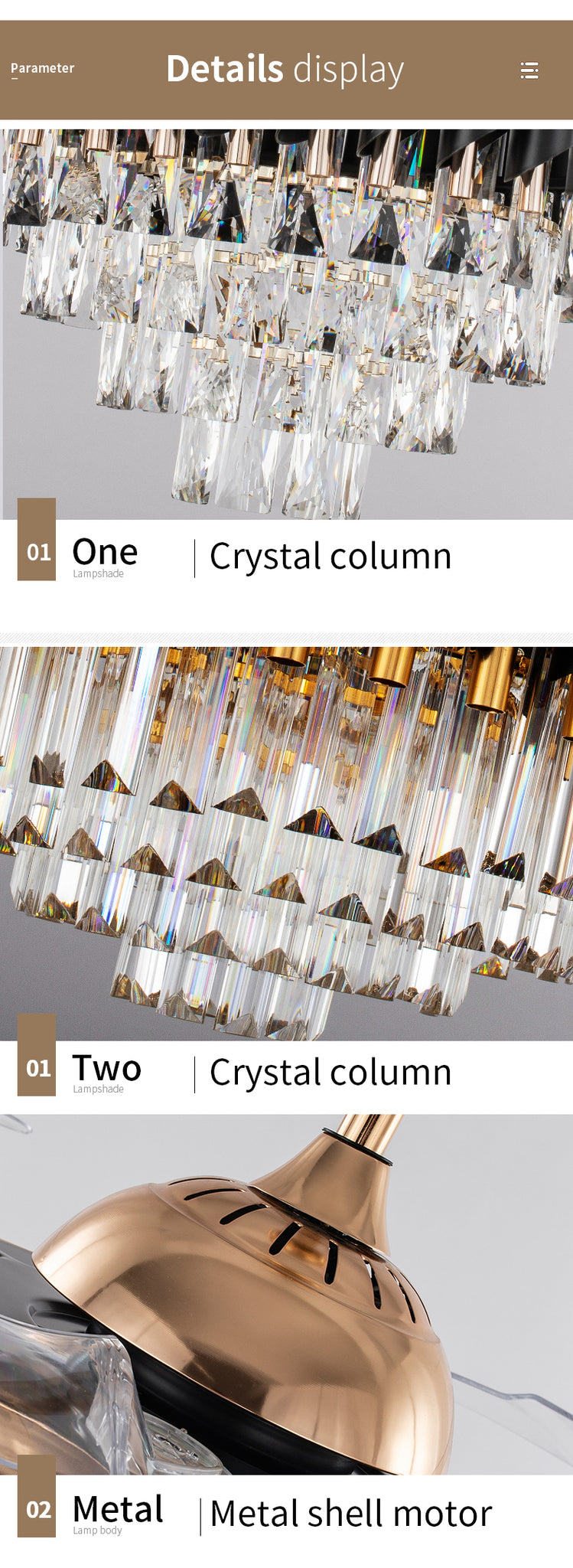 Qulik C10 48" Crystal Chandelier Retractable Invisible Blade MP3 Silent 3 Color Change LED Remote Ceiling Fan (Golden) Q-7456-BK