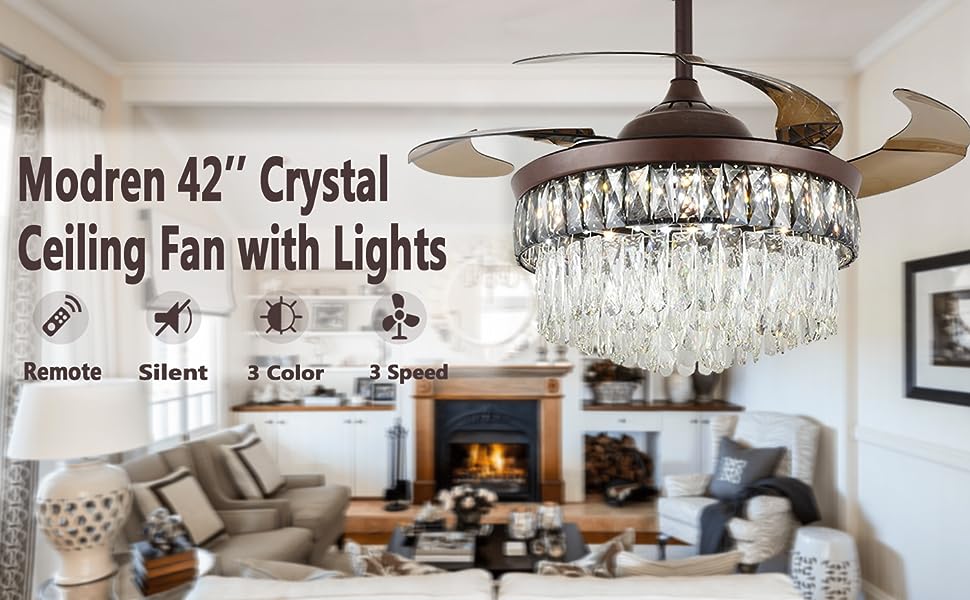 Qulik C12 48" Crystal Chandelier Retractable Invisible Blade MP3 Silent 3 Color Change LED Remote Ceiling Fan (Brown) Q-7468