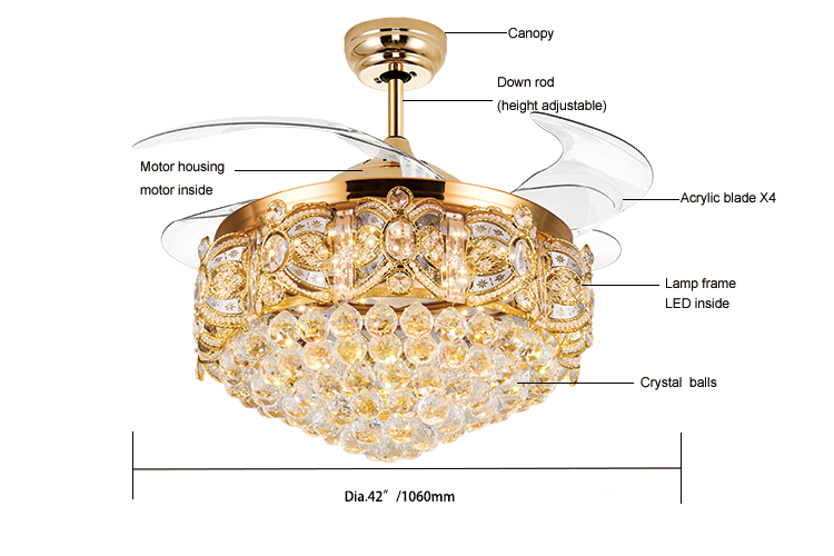 Qulik C13 48 Inch Crystal Chandelier Retractable Invisible Blade MP3 Silent 3 Color Change LED Remote Ceiling Fan (Golden) Q-7897