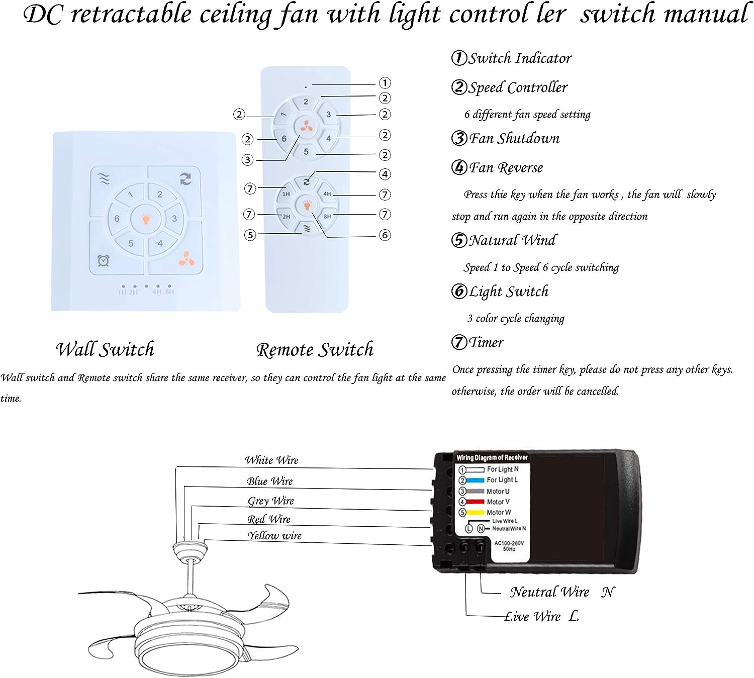 Qulik C13 48 Inch Crystal Chandelier Retractable Invisible Blade MP3 Silent 3 Color Change LED Remote Ceiling Fan (Golden) Q-7897