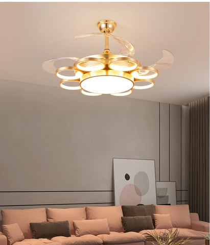 Qulik M01 48" Mordern Chandelier Retractable Invisible Blade Silent 3 Color Change LED Remote Ceiling Fan (Golden) Q-8223-GD