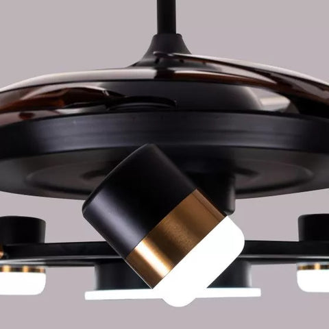 Qulik M11 48 Inch Modern Chandelier Retractable Invisible Blade Silent 3 Color Change LED Remote Ceiling Fan (Black) Q-6073B