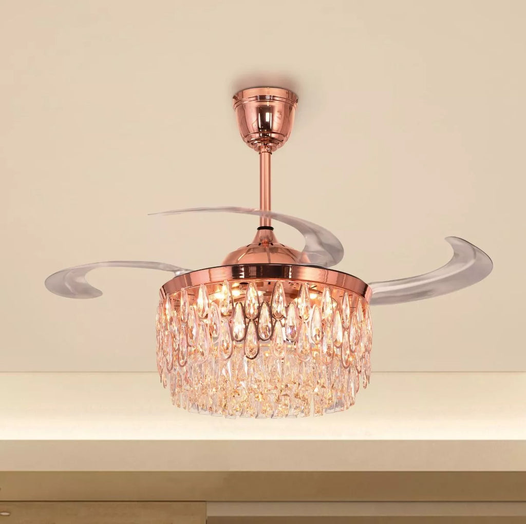 Breezelux Alpha 48" Crystal Retractable Luxury Decorative Silent Underlight Invisible Blade Chandelier with Remote Ceiling Fan (Golden) BL-2863