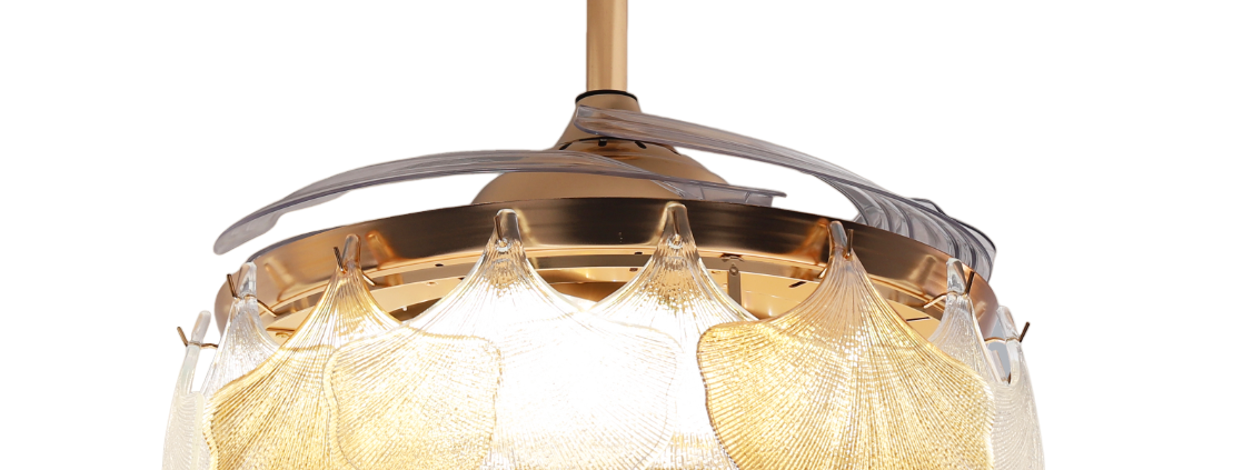 Qulik C01 48" Crystal Chandelier Retractable Invisible Blade MP3 Silent 3 Color Change LED Remote Ceiling Fan (Golden) Q-8310