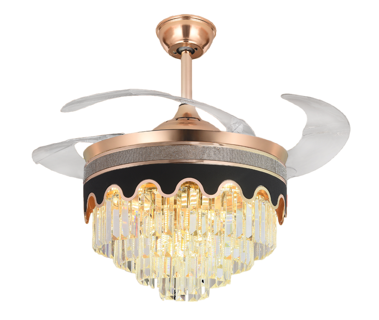 Qulik C04 48 Crystal Chandelier Retractable Invisible Blade MP3 Silent 3 Color Change LED Remote Ceiling Fan (Golden) Q-8222