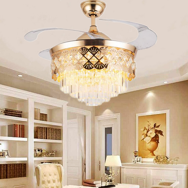 Luxury 42’’ Retractable Crystal Silent 3 Light Change LED Chandelier with Remote Invisible Blade Golden Crystal CF-622