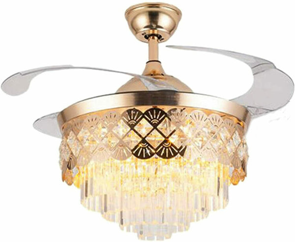 Luxury 42’’ Retractable Crystal Silent 3 Light Change LED Chandelier with Remote Invisible Blade Golden Crystal CF-622