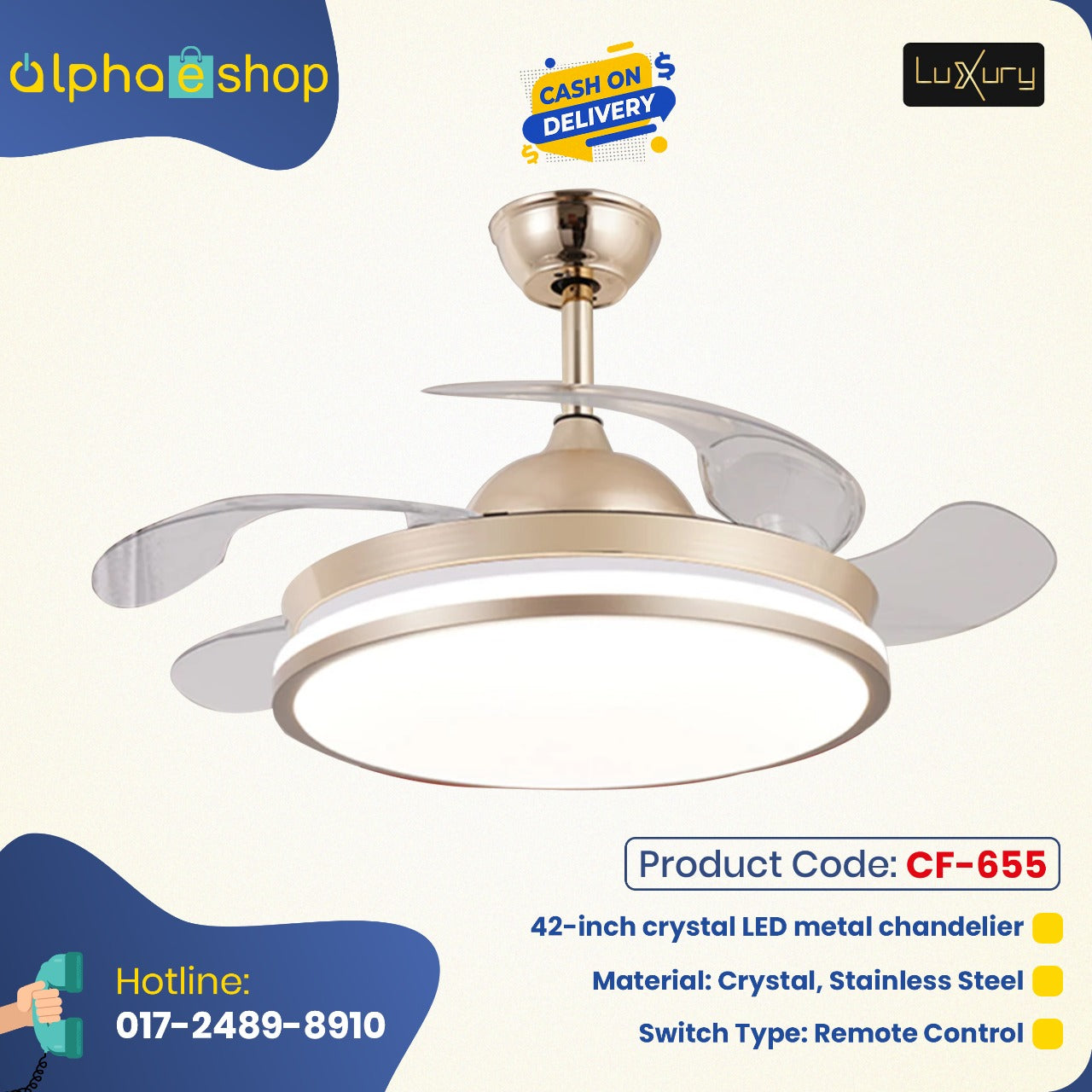 Luxury 42 " Modern Classic Invisible silent Invisible Blade Remote  Chandelier Ceiling Fan (Golden ) CF-655