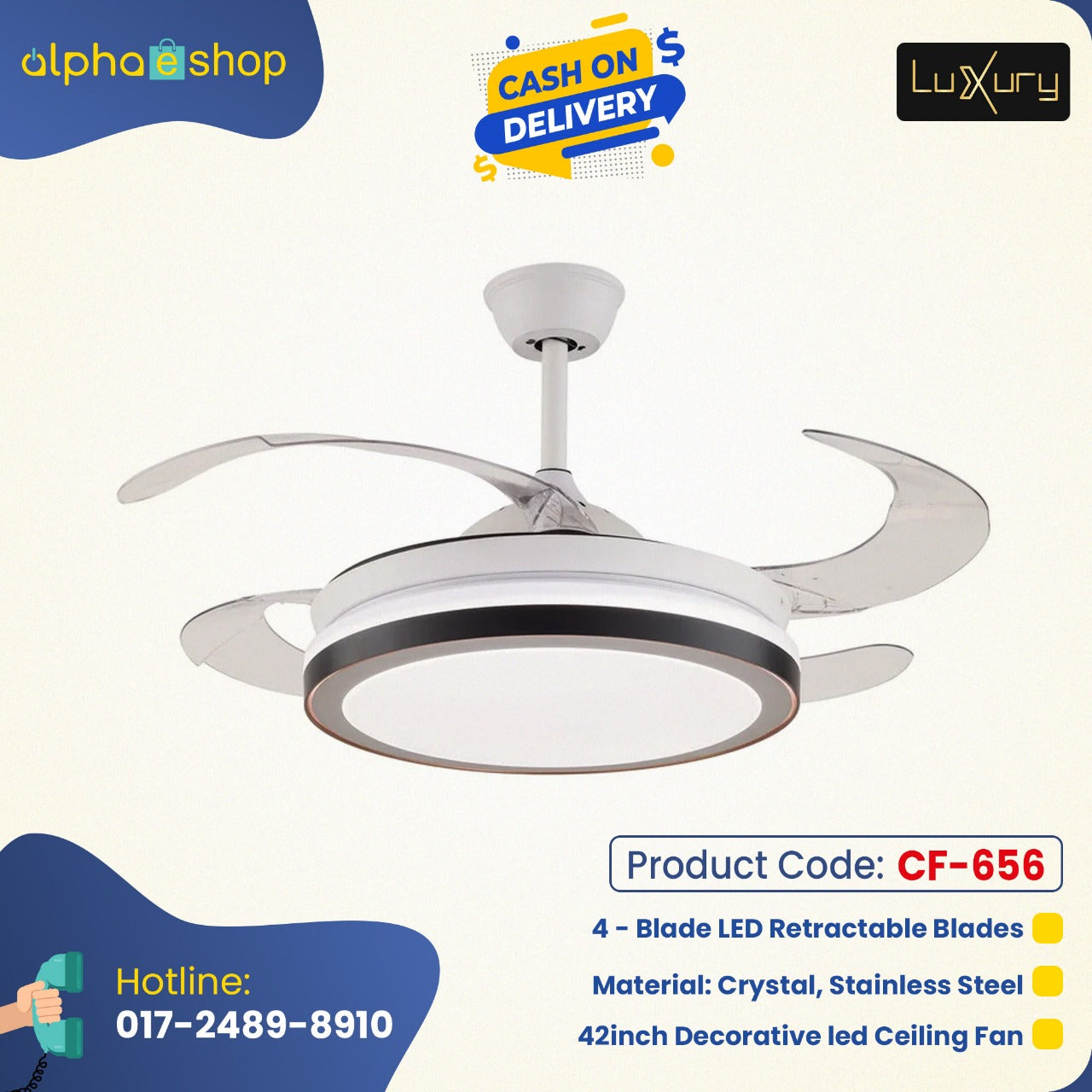 Luxury 42 " Modern Classic Invisible silent Invisible Blade Remote  Chandelier Ceiling Fan (White ) CF-656