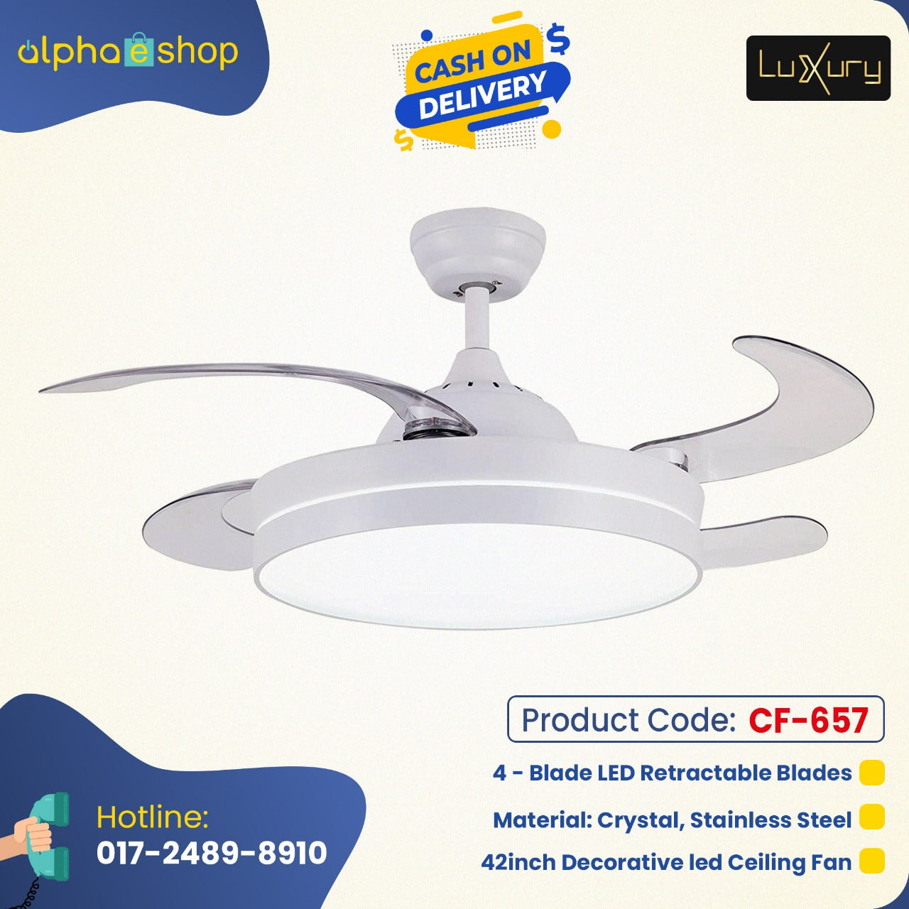Luxury 42 " Modern Classic Invisible silent Invisible Blade Remote  Chandelier Ceiling Fan (White ) CF-657