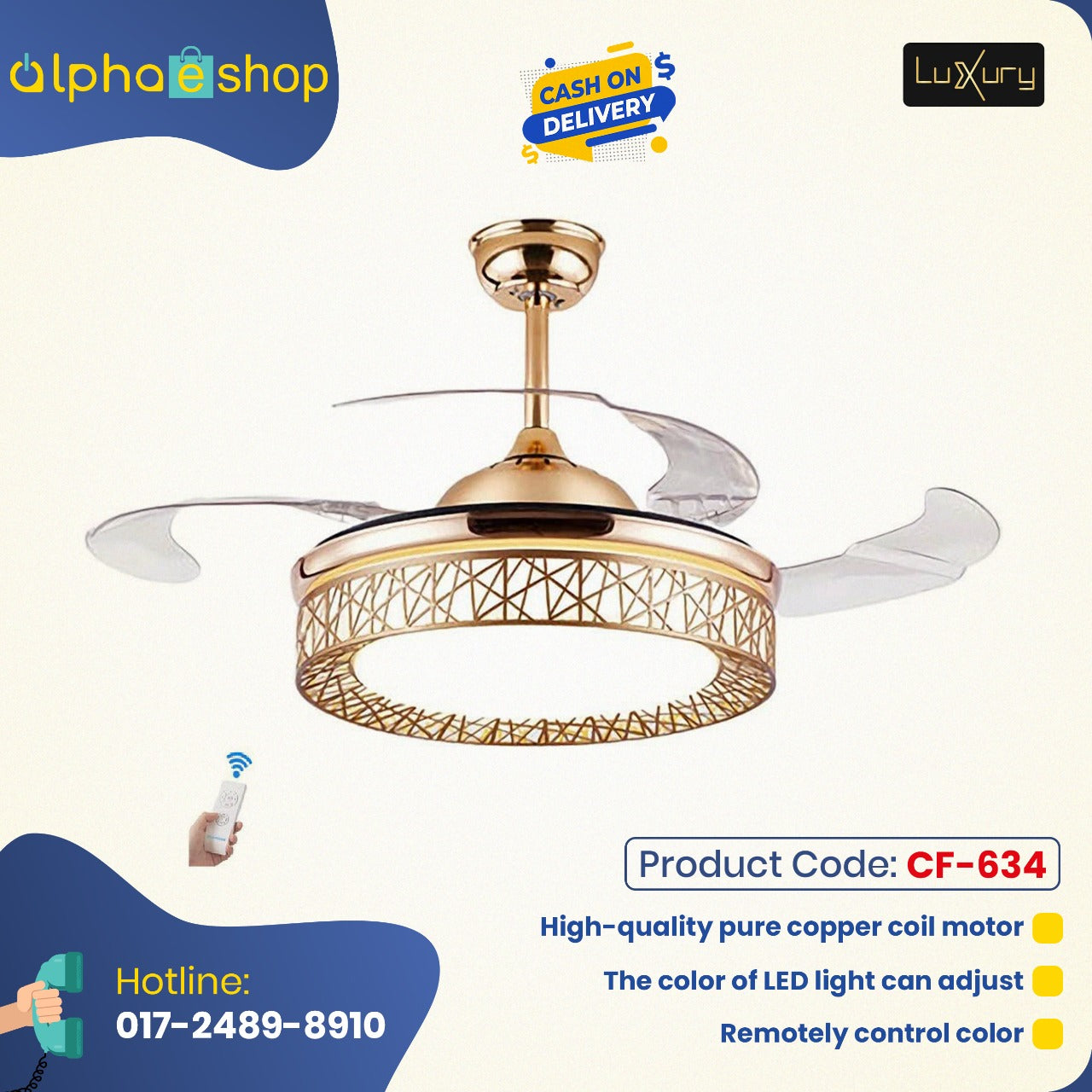 Luxury 42 " Modern Retractable Silent 3 Light Remote Control Chandelier Ceiling fan  (Golden) CF - 634