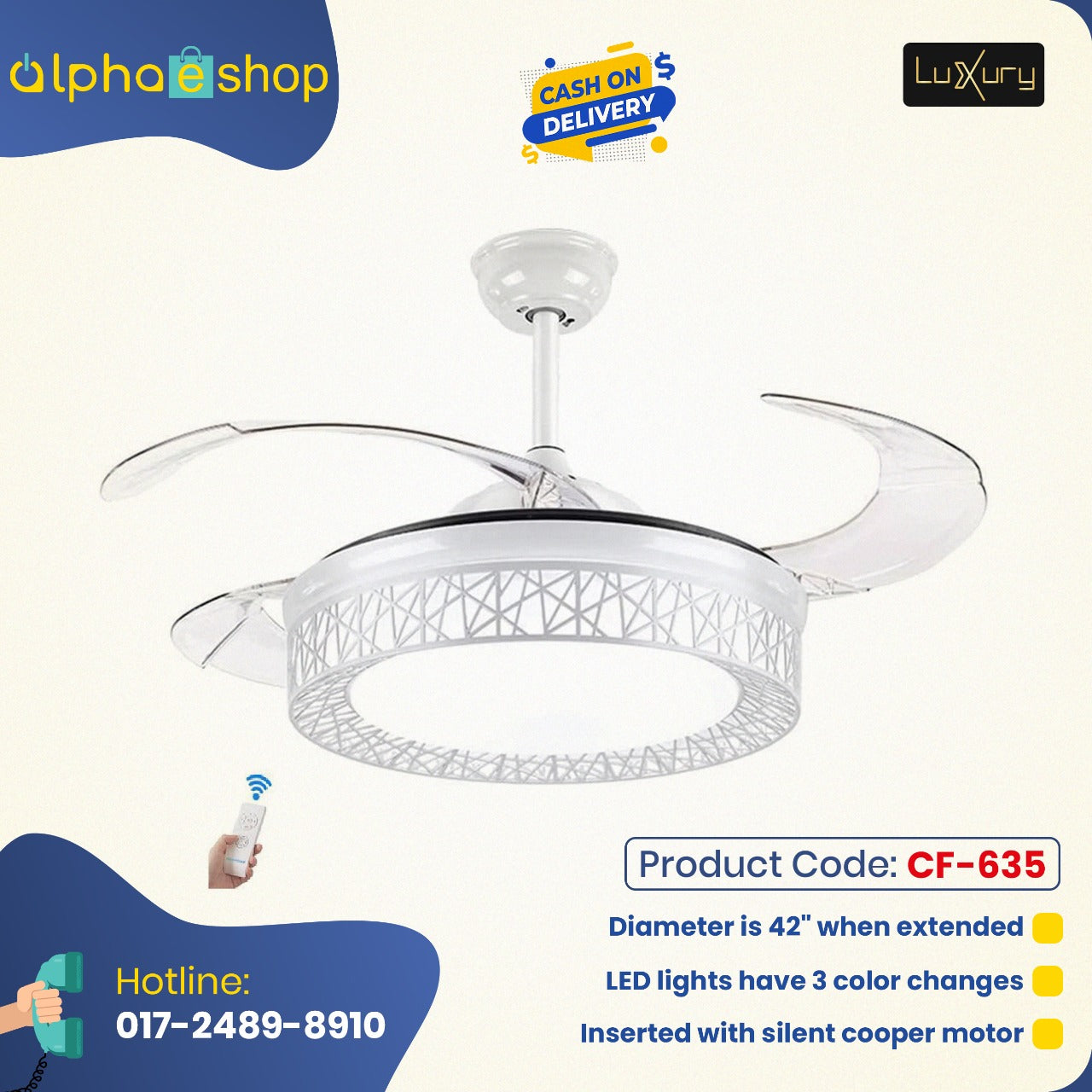 Luxury 42 " Modern Retractable Silent 3 Light Remote Control Chandelier Ceiling fan  (White ) CF - 635