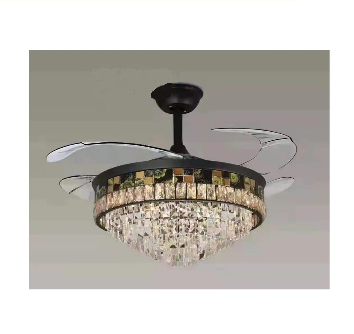 Luxury 42’’ Retractable Crystal Silent 3 Light Change LED Chandelier with Remote Invisible Blade Black Crystal CF-667
