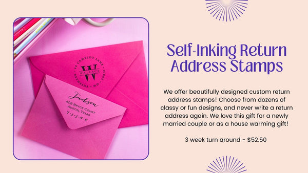 Custom self-inking return address stamps are available at The Paper Canopy in Charleston, SC.