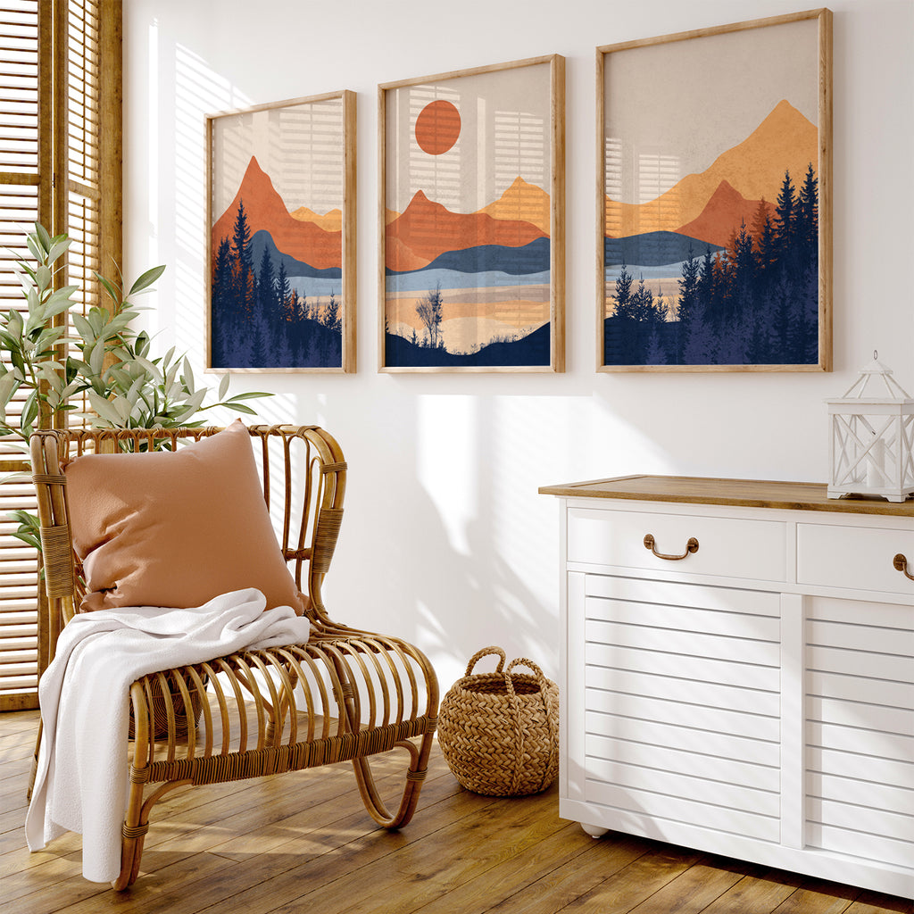 Landscape Mountain Minimalist Art Set of 3, Modern Wall Art, Mid