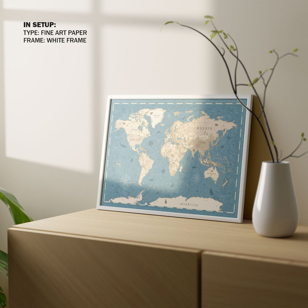 World Map Buy Premium Framed Old Modern Map Art Prints Online   White Frame World Map 1024x1024 