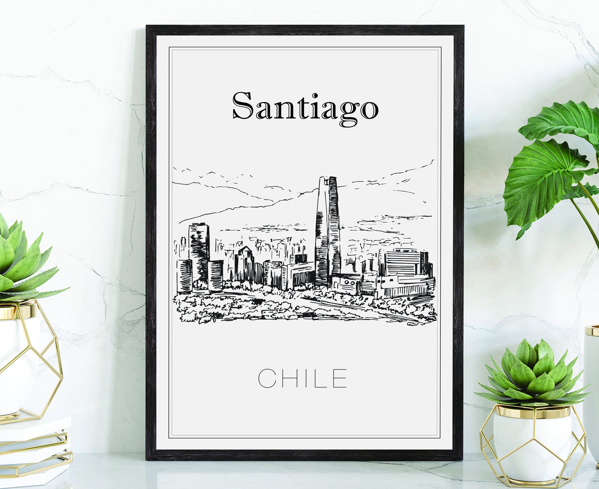 Hand Drawn Poster, Santiago Travel Poster, Chile Poster Wall Art, Sant