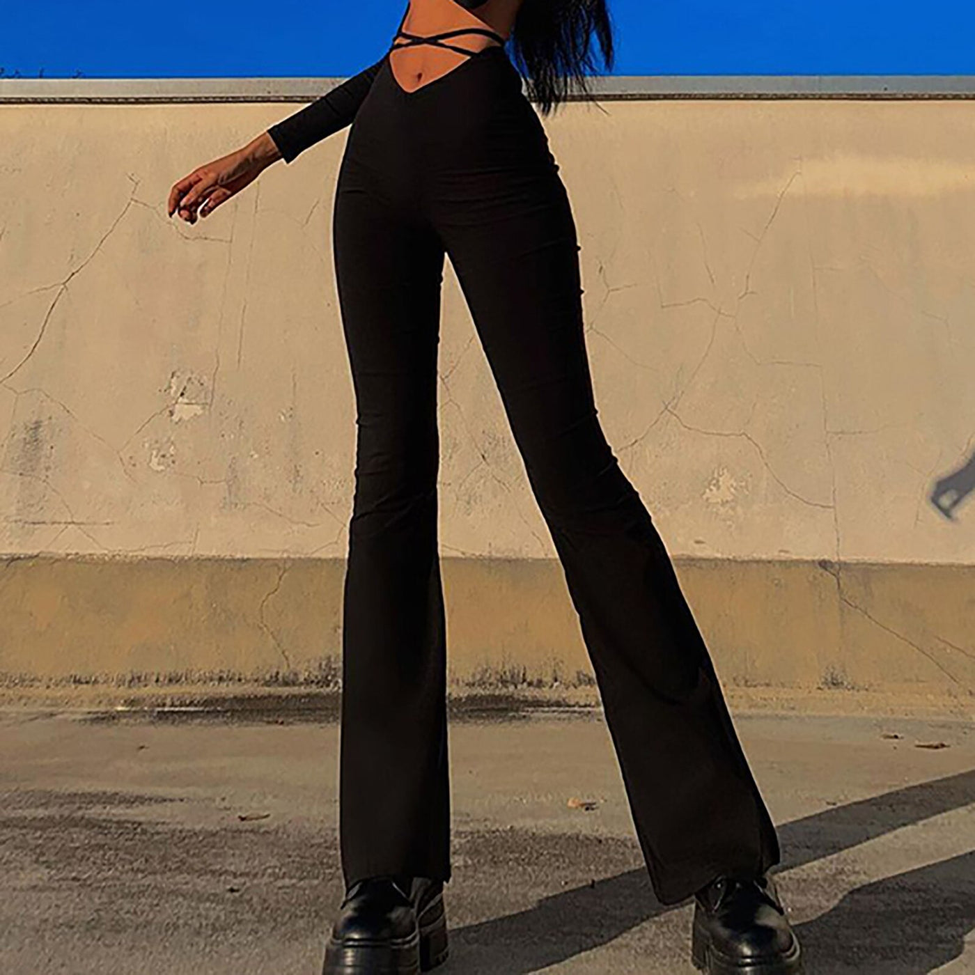 Lace Up V Waist Low Rise Flare Pants